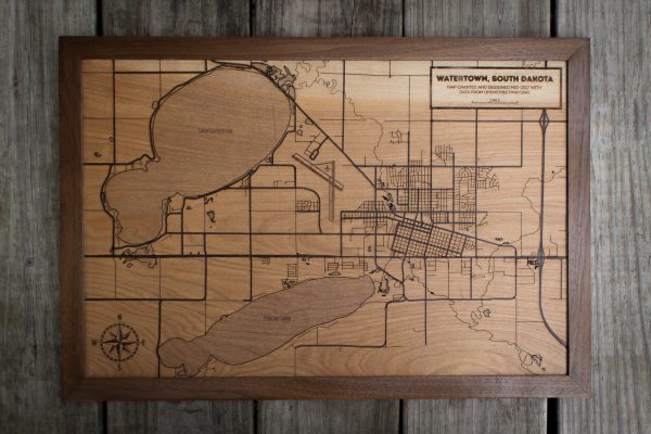 Expanded, full-width view of laser etched Map of Watertown, SD.