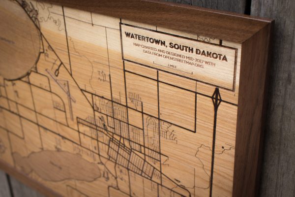 Zoomed in view of laser etched map of Watertown, SD, primarily showing legend.